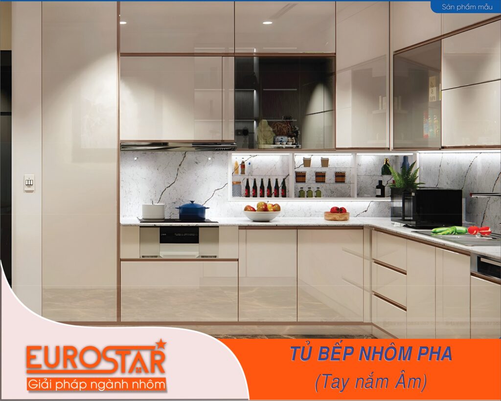 Tủ bếp tràn viền dùng tay nắm âm