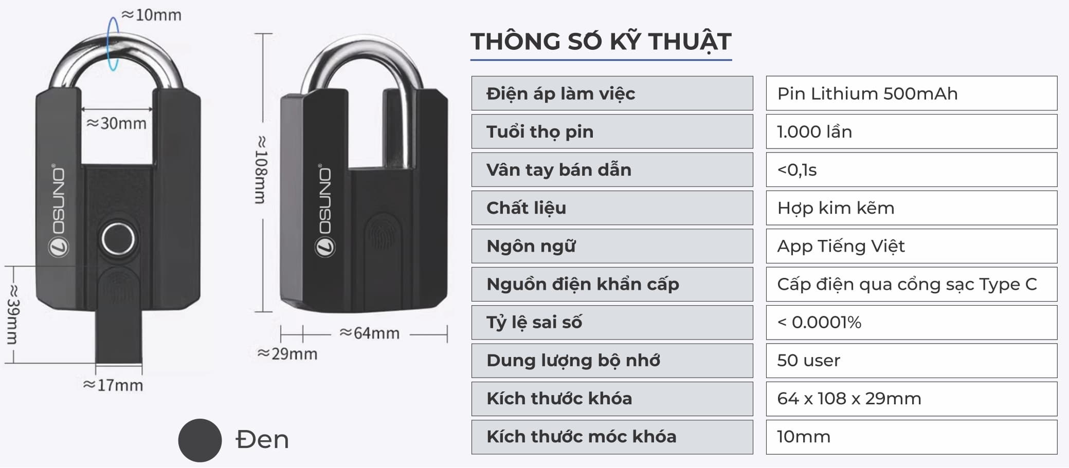 Thông số Khóa Cổng Vân tay OSN-3311