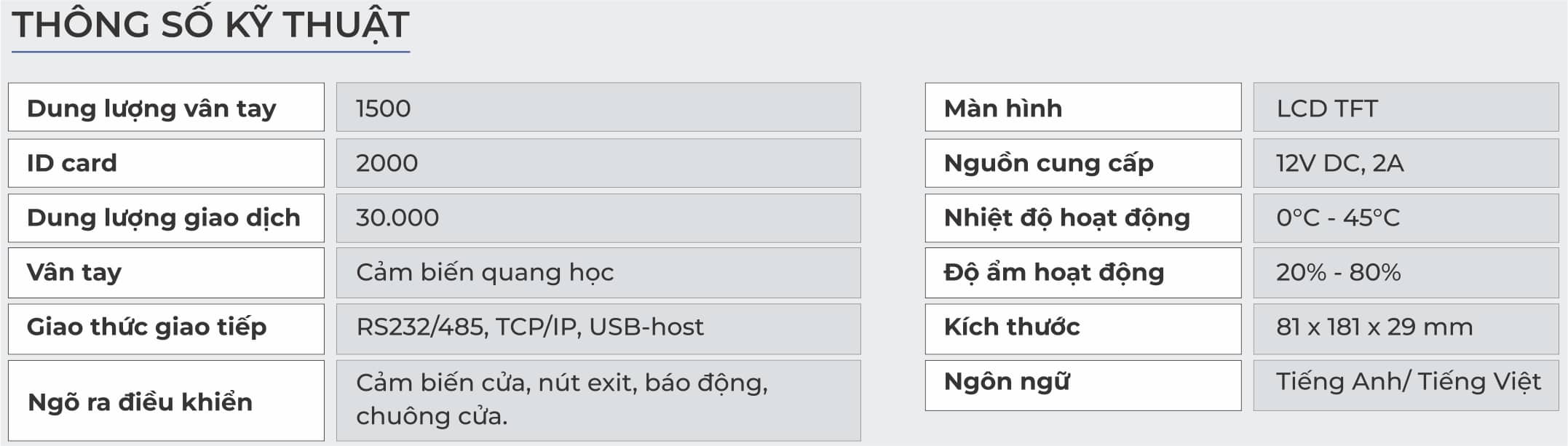 Thông số Khóa Kiểm Soát Ra Vào BKS-02
