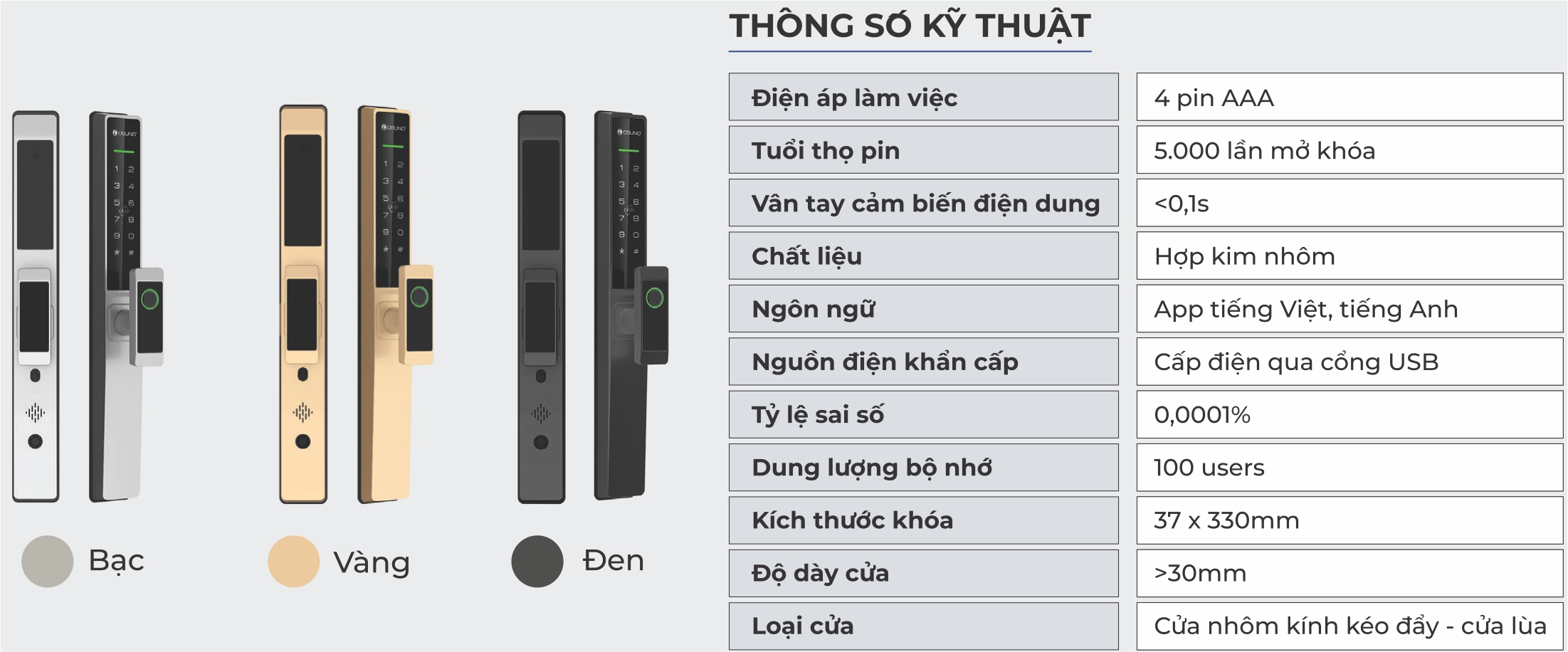 Thông số Khóa cửa nhôm OSN-3326A