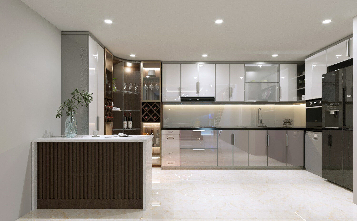 tủ bếp Inox cánh kính